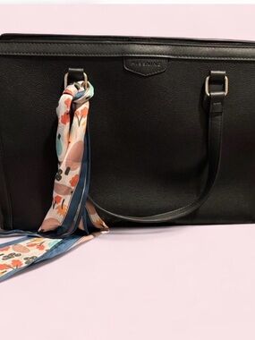 Black Leather Tote with Floral Scarf Accent